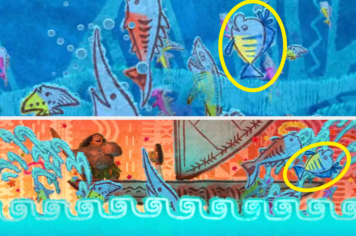 Illustration of various fish, with one circled, comparing to a character resembling the fish in a different scene