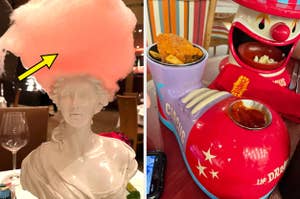 giant cotton candy hair on a bust next to a clown shoe holding food