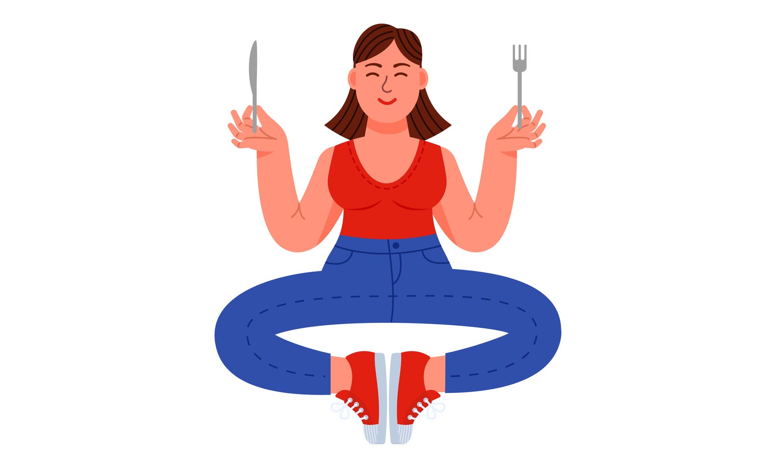 Illustration of a woman sitting cross-legged holding a knife and fork, looking content