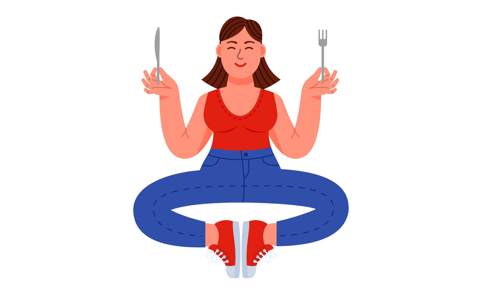 Illustration of a woman sitting cross-legged holding a knife and fork, looking content
