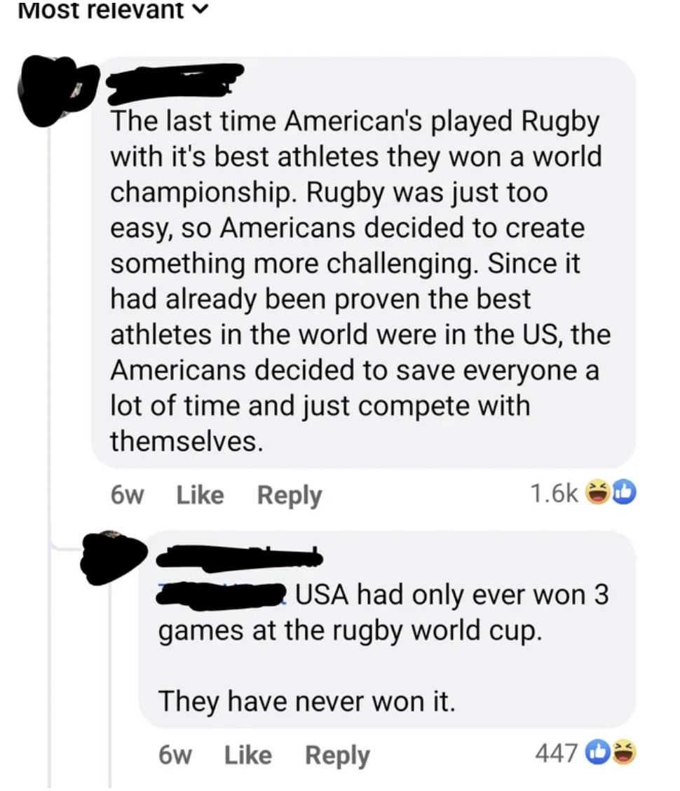 american claims rugby was too easy for them, and another person replies saying the us has never won the rugby world cup