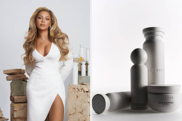 Beyoncé in a sleek white dress with a thigh-high slit, posing next to her Ivy Park Rodeo skincare line
