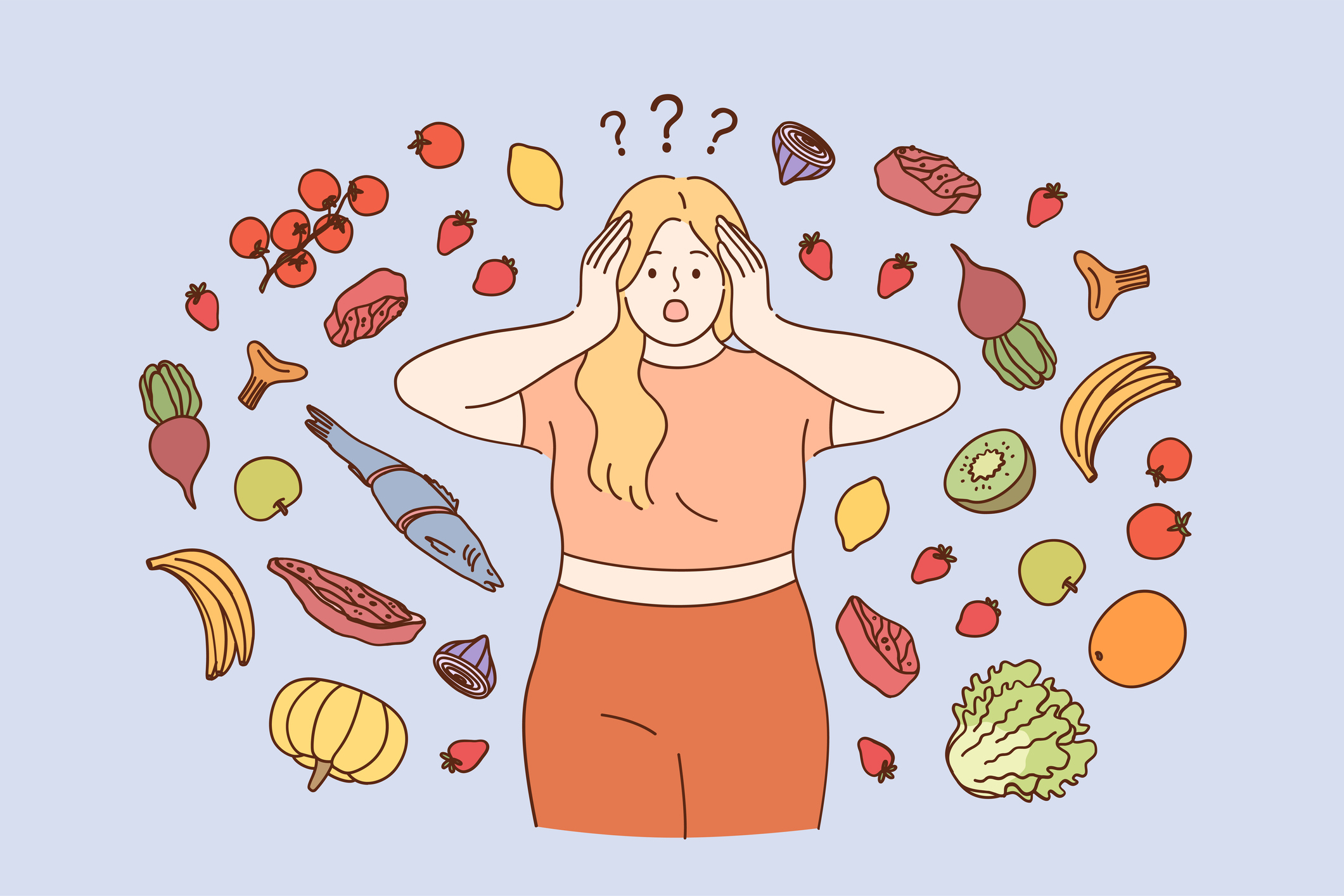 Illustration of a woman with hands on head, surrounded by various floating foods, expressing confusion or overwhelm