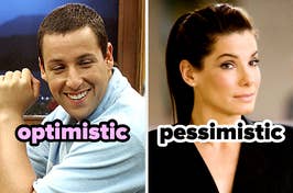 On the left, Adam Sandler as Henry in 50 First Dates labeled optimistic, and on the right, Sandra Bullock as Margaret in The Proposal labeled pessimistic