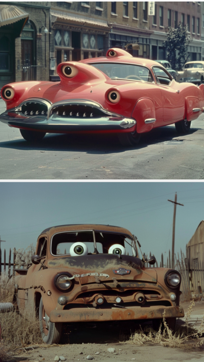 Two stacked images of vintage cars with large cartoon eyes on their windshields