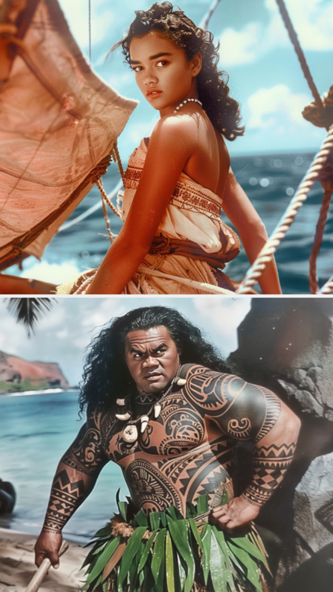 Moana and Maui  standing confidently in Polynesian-inspired attire before a tropical backdrop