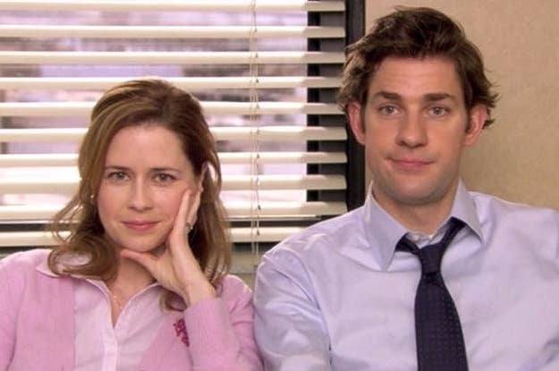 Jim Halpert and Pam Beesly from &quot;The Office&quot; sit side by side, smiling faintly in an office setting