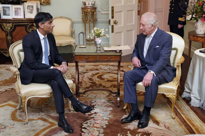 King Charles III meets with Prime Minister Rishi Sunak at Buckingham Palace for their first in-person audience since the King&#x27;s diagnosis with cancer on February 21, 2024