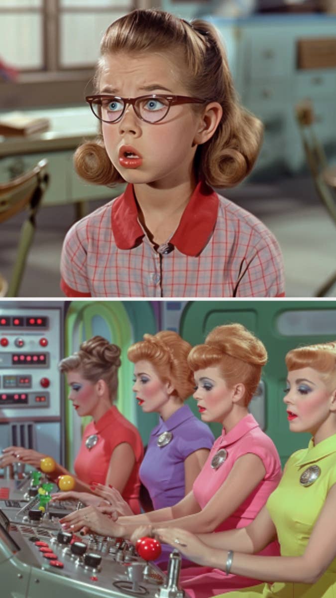 Top: A concerned young woman; Bottom: Four women operating a control panel with 50s updo's