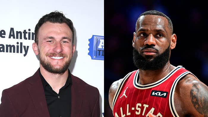 Johnny Manziel smiling in a suit and LeBron James in basketball uniform on the court