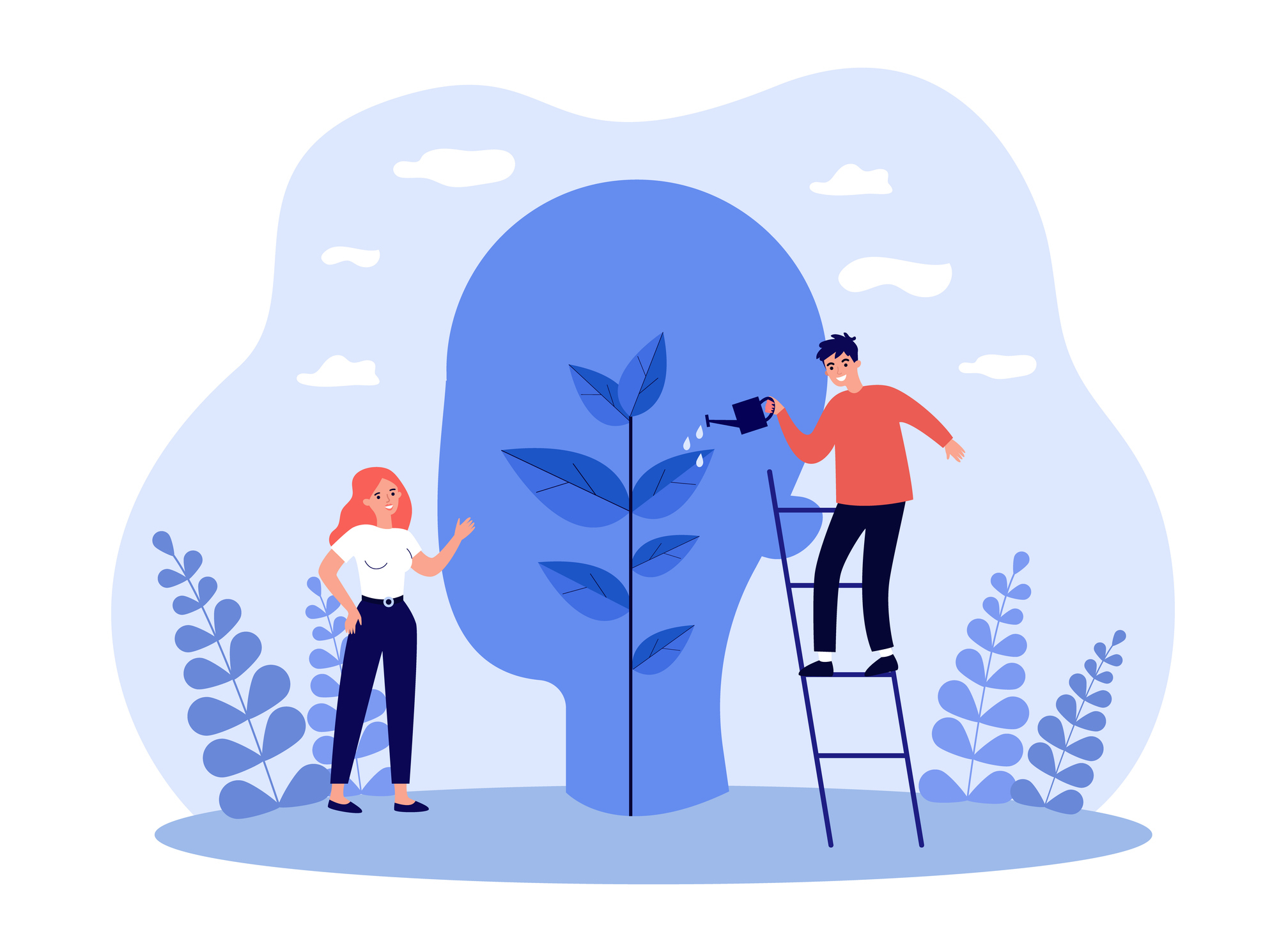 Illustration of two people watering the tree of someone&#x27;s mind, representative of healing with support