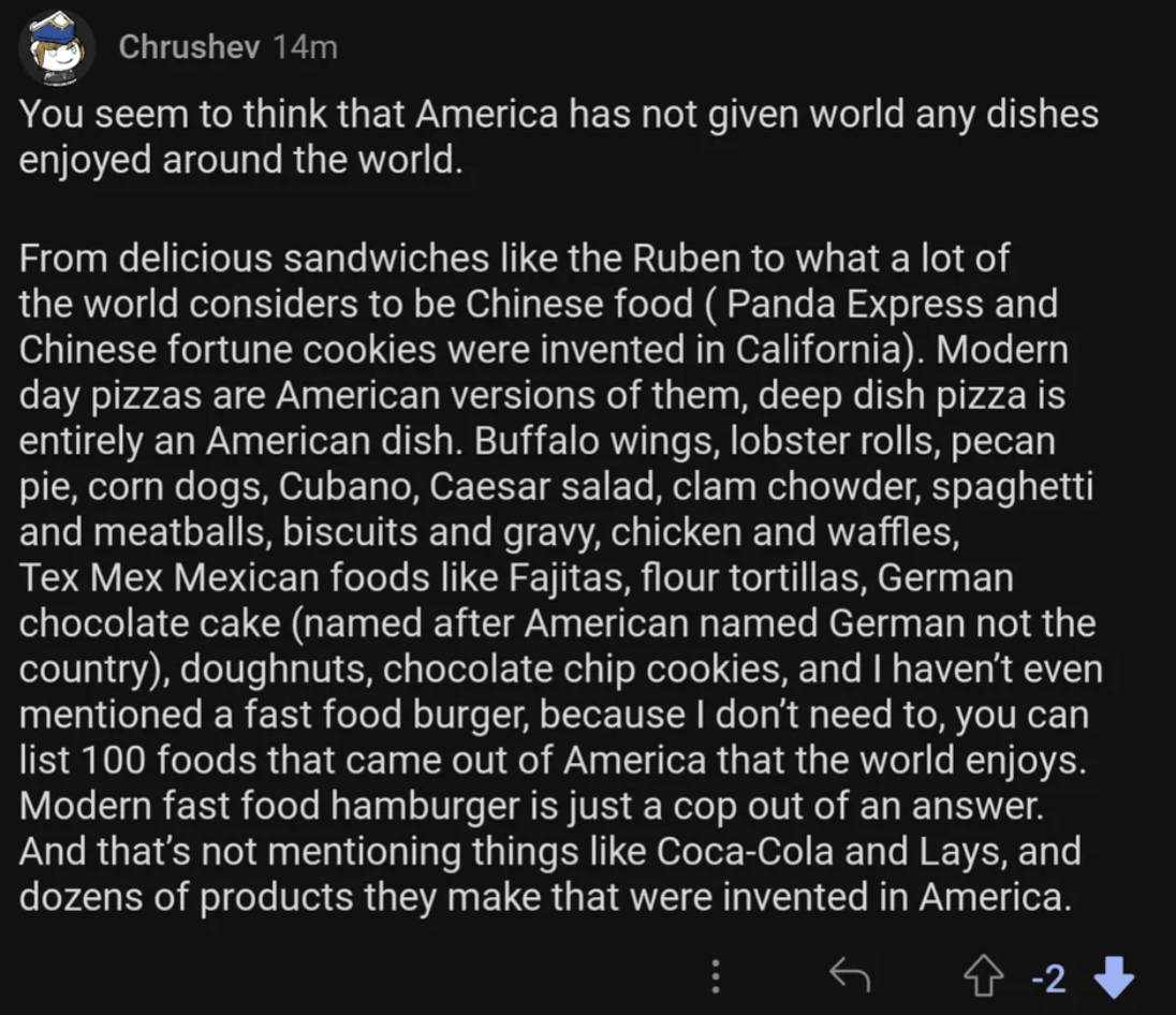 person credits many foods worldwide to americans