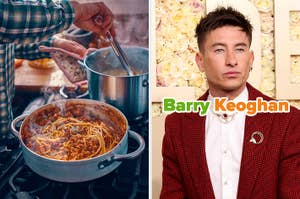 On the left, someone making spaghetti, and on the right, Barry Keoghan