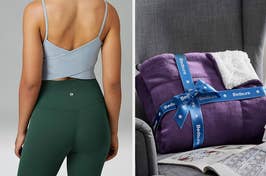 to the left: a model in dark green leggings, to the right: a purple throw blanket