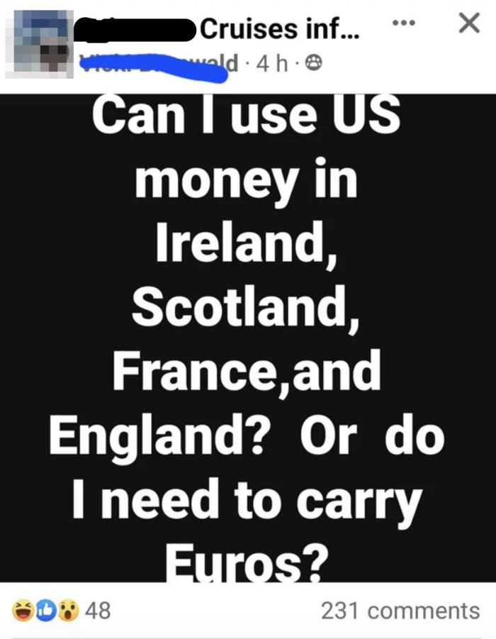 social media post asking if US money can be used in Ireland, Scotland, England or if Euros are needed