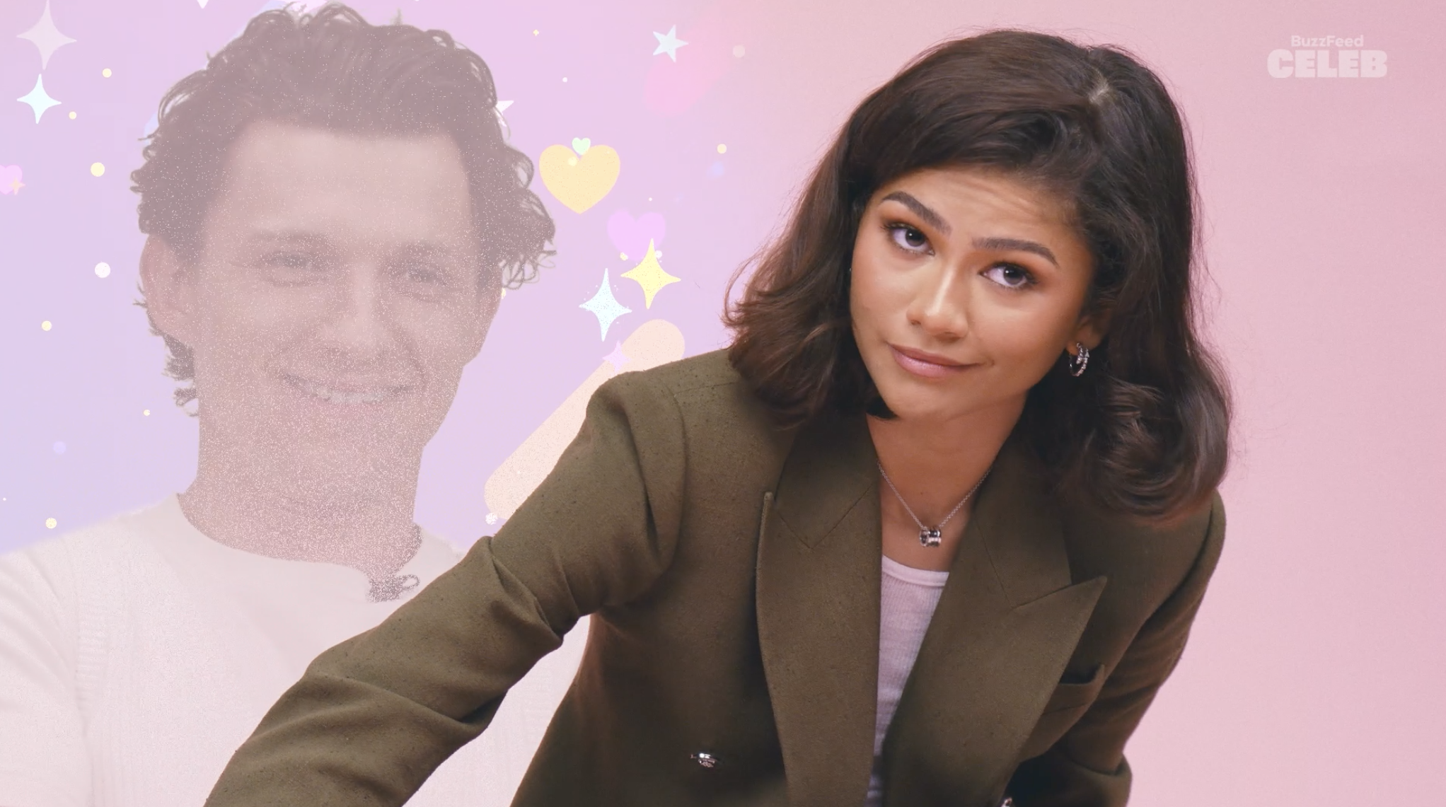 Zendaya in a blazer, smiling suggestively, with a graphic of Tom behind her as if in her thoughts