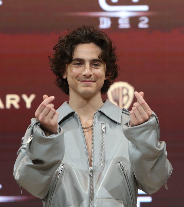 Timothée Chalamet smiling, making hand gestures, wearing a zipped gray jacket at an event