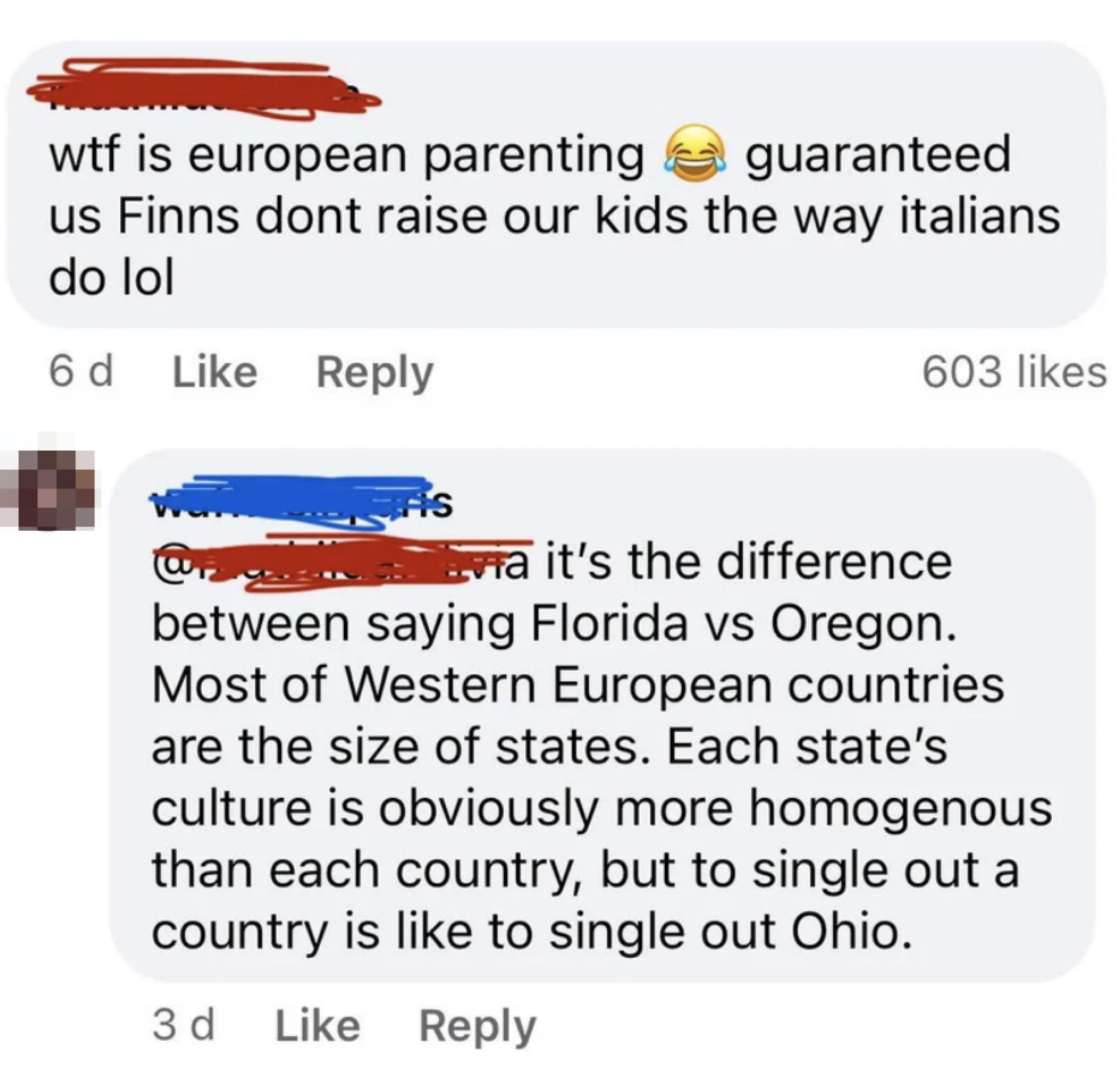 person says european parenting isn&#x27;t a thing because countries raise kids different ways, and another replies country differences are similar to differences between us states