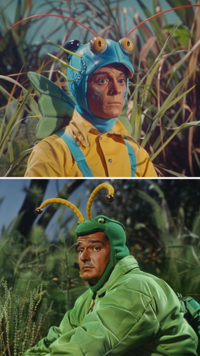 Two characters in costume  with the upper image featuring a person dressed as a bee and the lower as a caterpillar