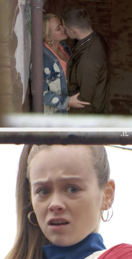 Two scene shots from a TV show: top shows a couple embracing, bottom shows a woman looking distressed