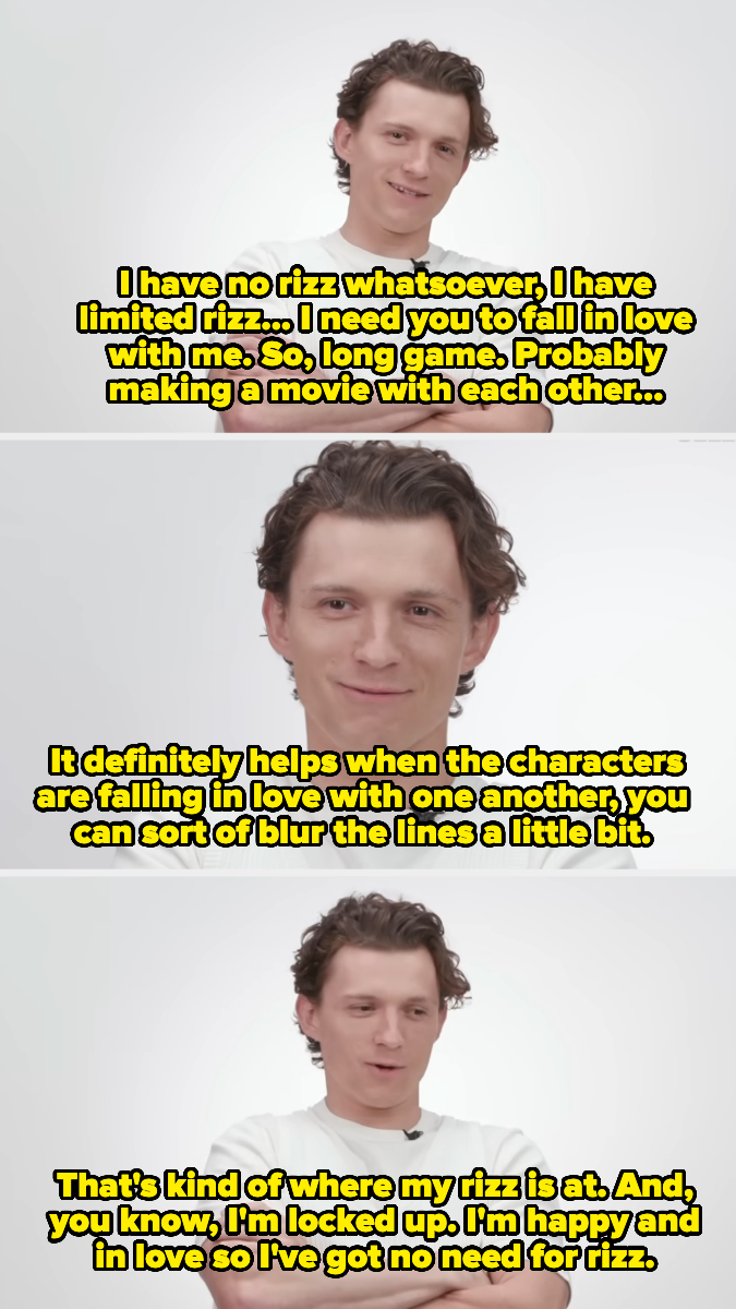 Tom Holland, smiling in an interview, discusses how he has no rizz but plays the long game by making movies where characters fall in love with each other