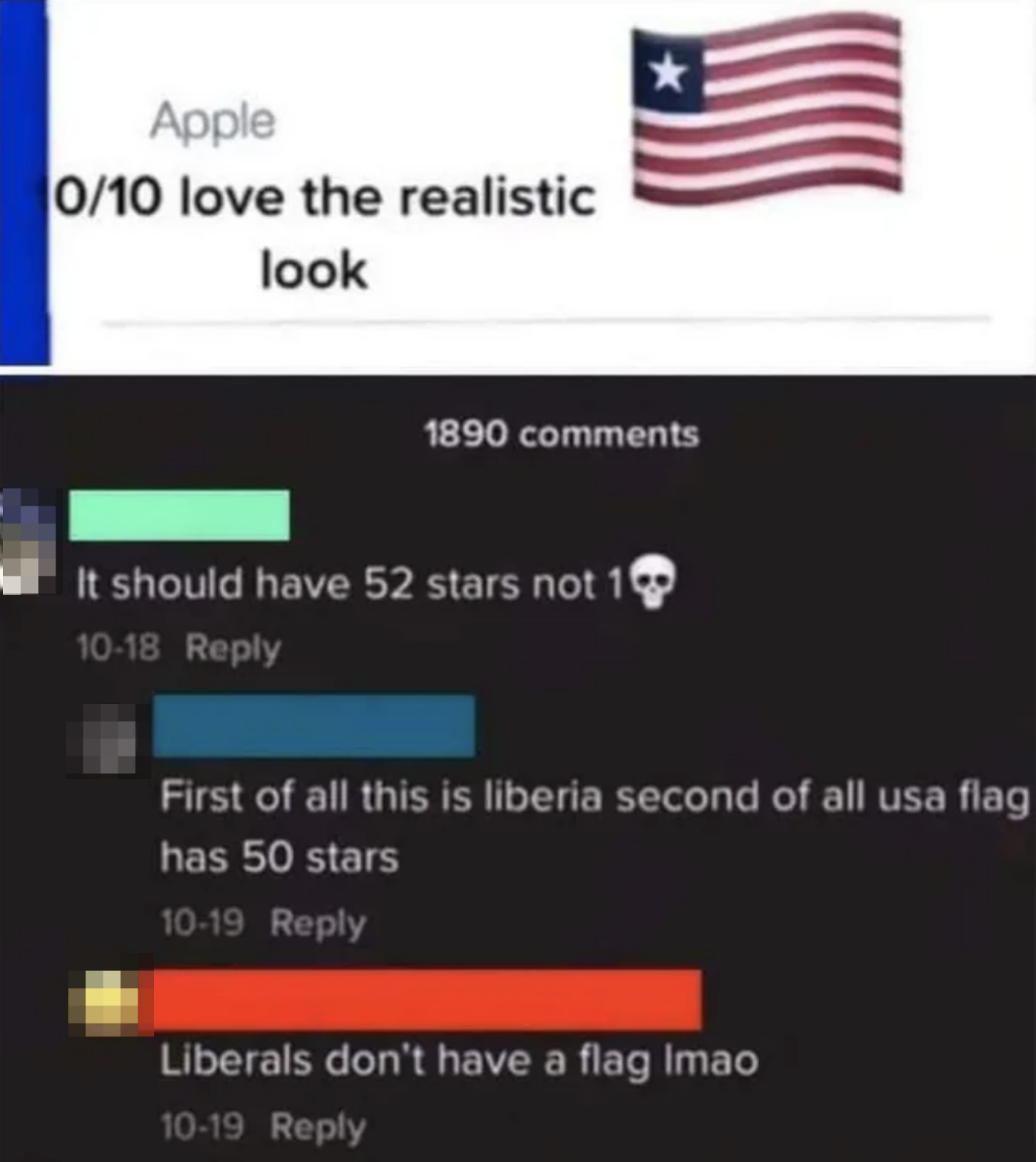 liberian flag with someone saying it should have 52 stars, then another replying it&#x27;s the liberian flag and that the us flag has 50 stars, and another person saying liberals don&#x27;t have a flag