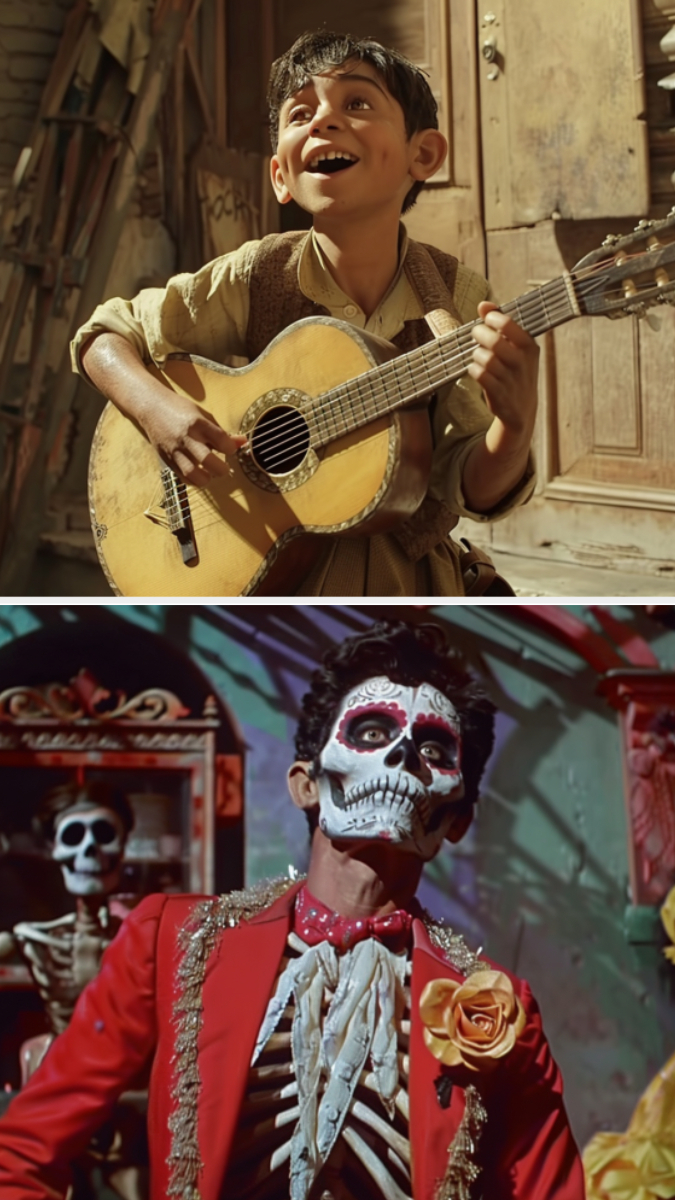 kid playing a guitar and the character Héctor in skeleton makeup in a red jacket