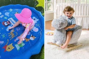 on left: baby playing in little pool with sprinklers, on right: child sitting on rocking hippo toy