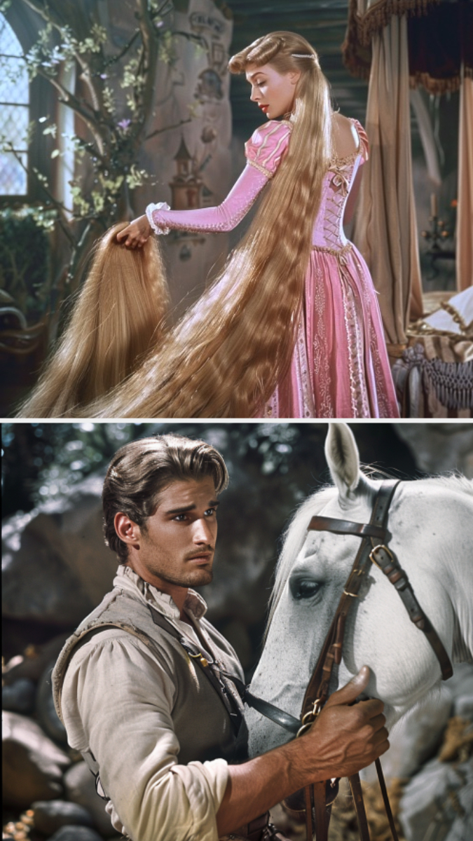 Rapunzel with long hair and a prince with a horse
