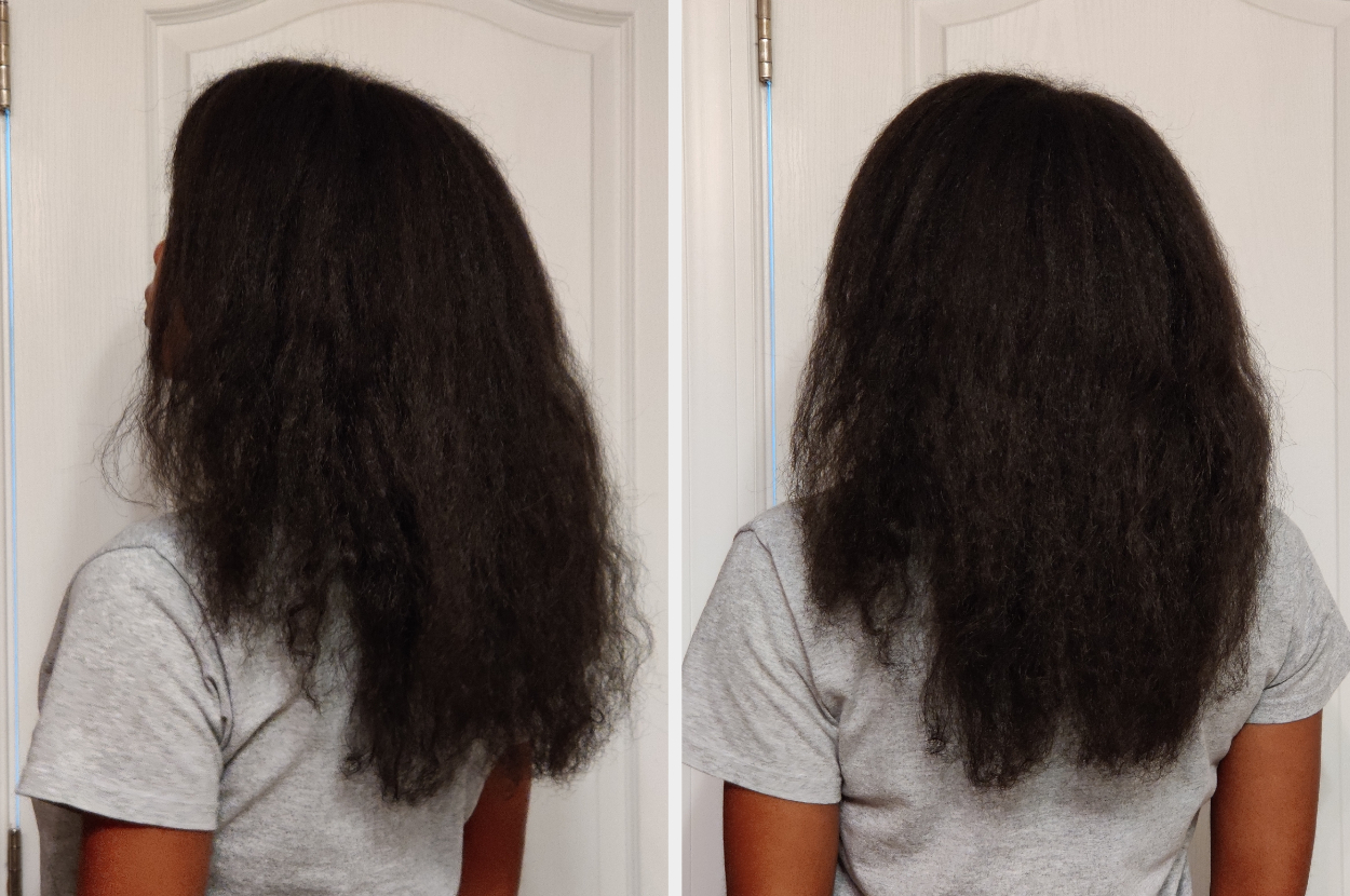 Back view of a person with blown-out natural hair before the treatment