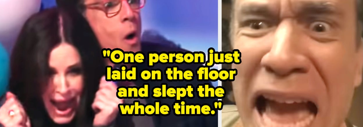 "One person just laid on the floor and slept the whole time" over courteney cox and ben stiller screaming, next to a close up of fred armisen freaking out