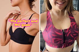 on left: model wearing black bra, on right: model wearing pink zip-front sports bra