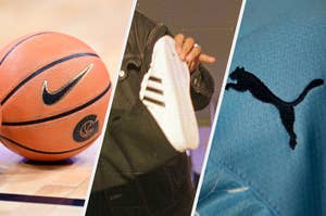 Nike basketball, Adidas sneaker, and Puma jersey.