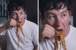 Barry Keoghan eating a large bite of spaghetti as seen in the movie "Saltburn" 