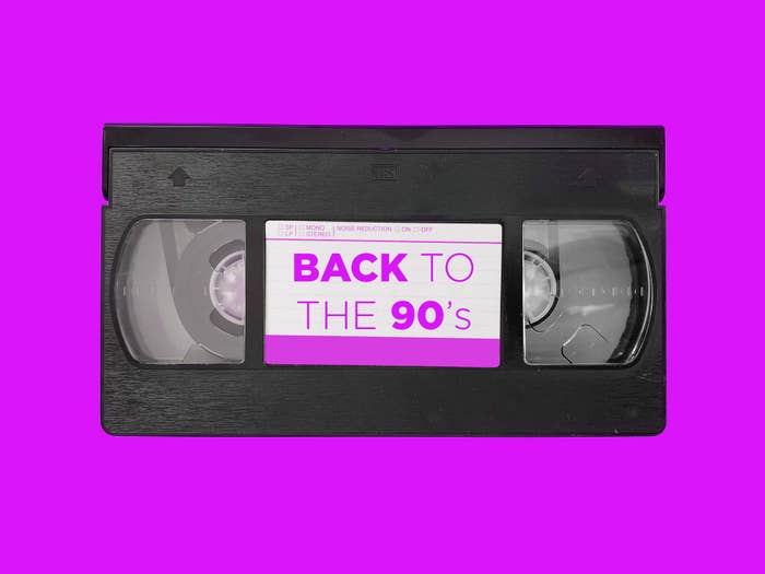 VHS tape with &quot;BACK TO THE 90&#x27;s&quot; label on a purple background