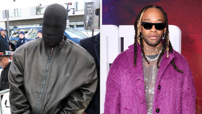 Kanye West in black mask and jacket on the left, and Ty Dolla Sign in purple textured coat on the right