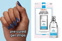 nails with celestial print strips on them, spray on base coat