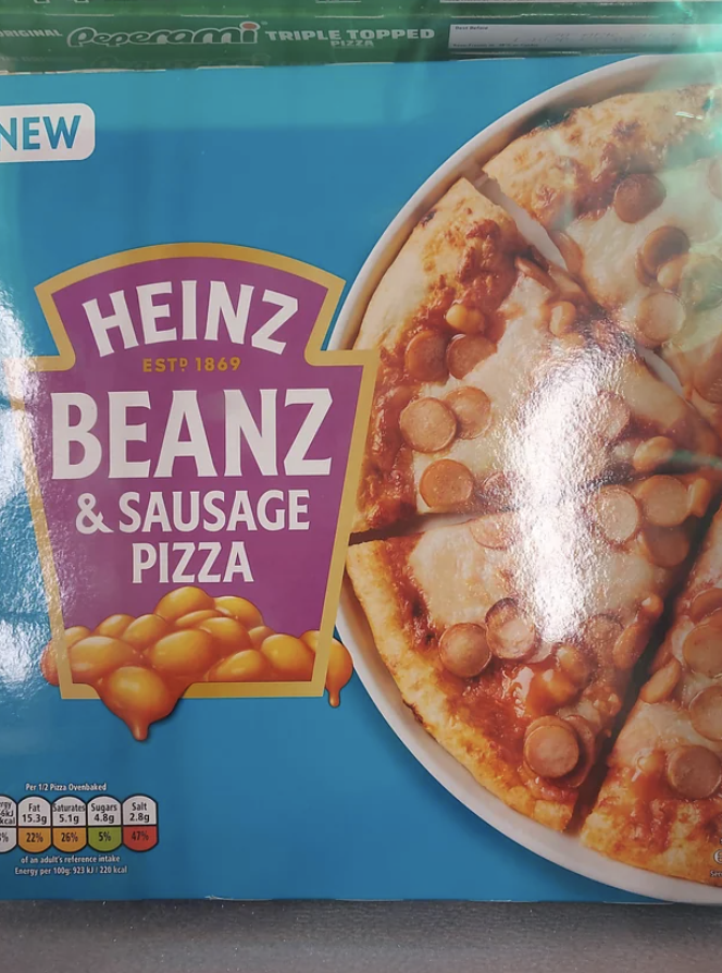 Heinz Beanz and Sausage Pizza packaging, showing the product with visible beans and sausage slices