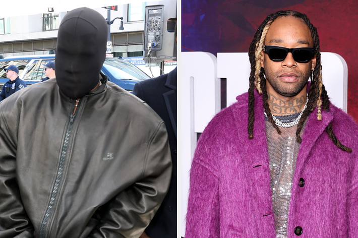 Kanye West in black mask and jacket on the left, and Ty Dolla Sign in purple textured coat on the right