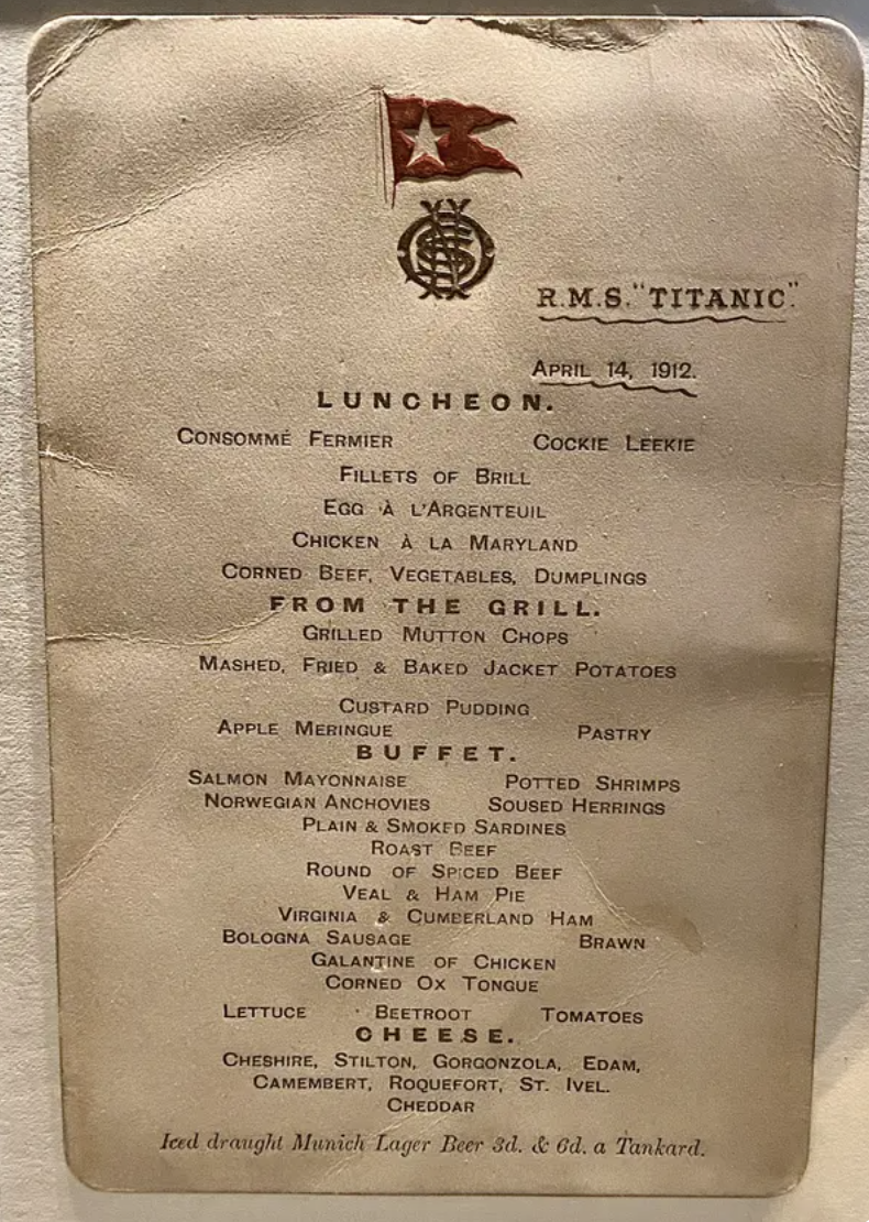 Menu from R.M.S. Titanic dated April 14th, featuring a selection of lunch options