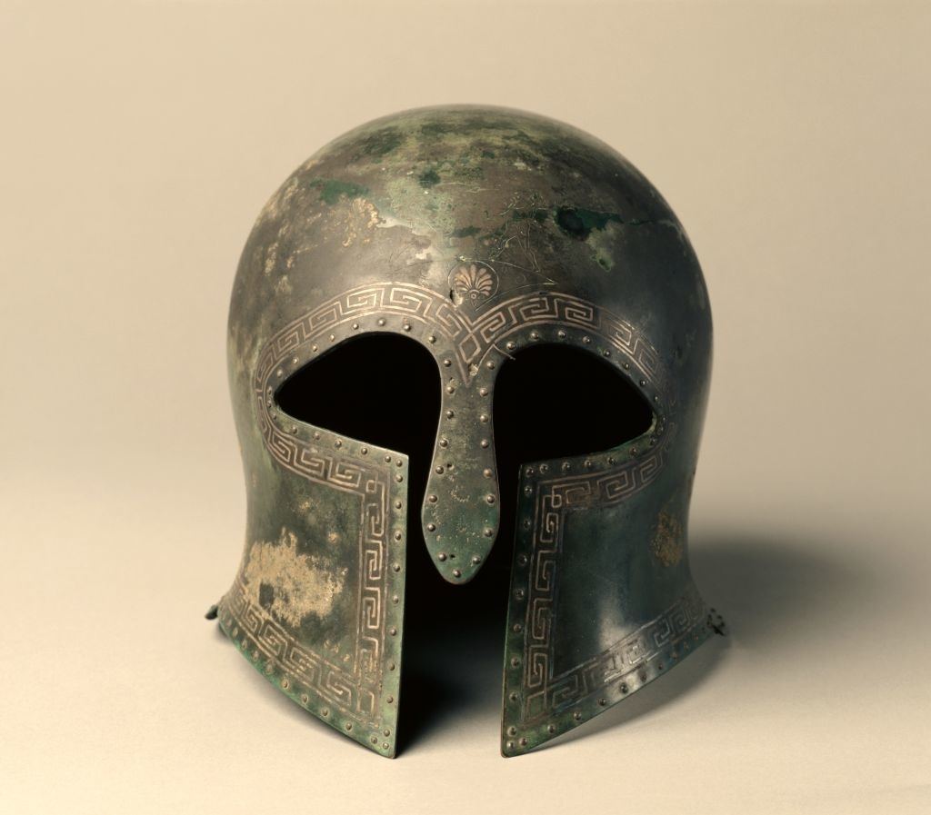 Ancient helmet with Greek patterns, possibly for historical article