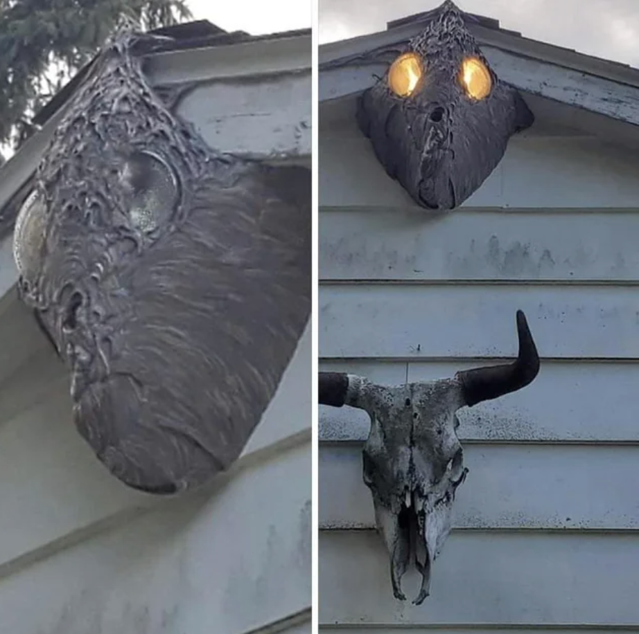 A wasp nest resembling a monster&#x27;s face with two lights shining like eyes next to a cow skull with horns on a house exterior