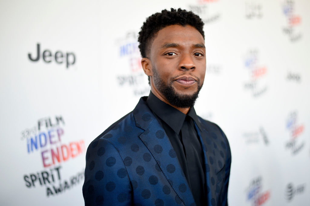 Chadwick Boseman in a patterned suit at the Film Independent Spirit Awards