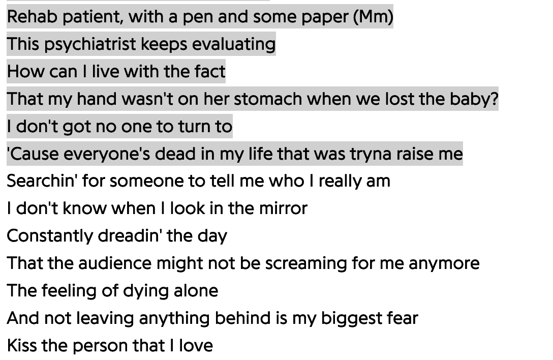 Screenshot of the lyrics showing introspective thoughts about personal struggles and loss