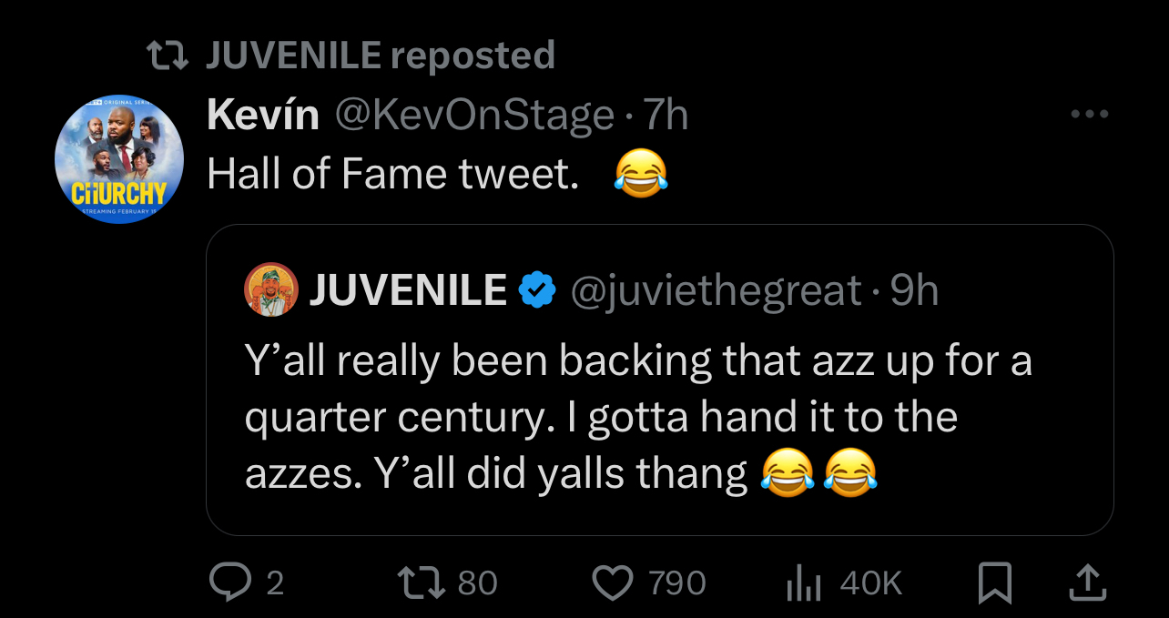 Tweet by JUVENILE commenting on people dancing to his music for 25 years with a praising tone