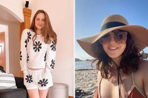 to the left: a reviewer wearing a long sleeve and shorts set with flowers on it, to the right: a model wearing a floppy sun hat