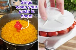 (left) floating pasta timer (right) kitchen slicer