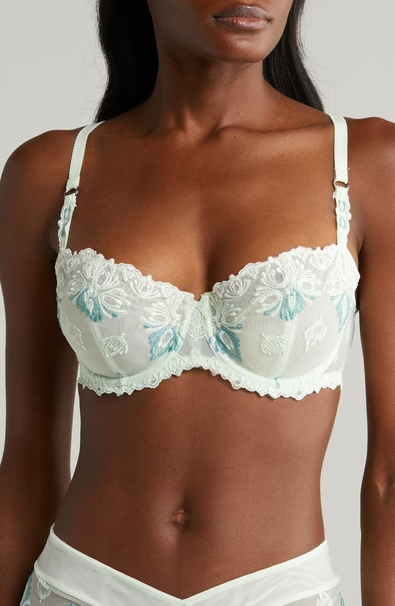 model wearing white and blue lace underwire demi bra