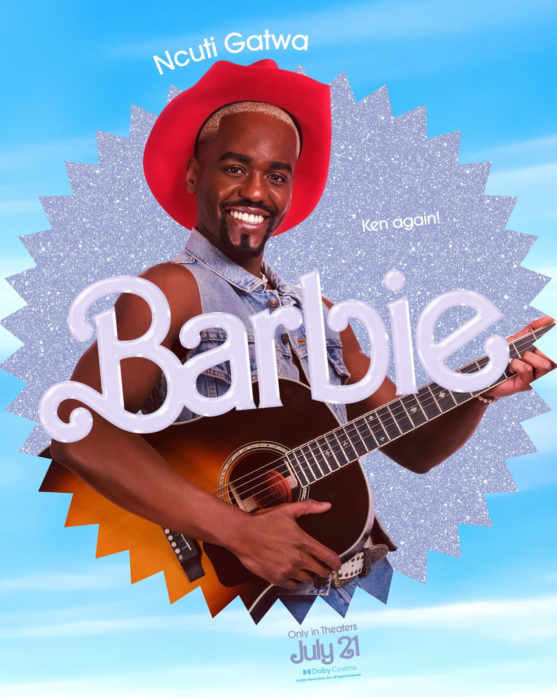 Ncuti Gatwa posing with a guitar next to the word &#x27;Barbie&#x27;, movie poster for an upcoming release
