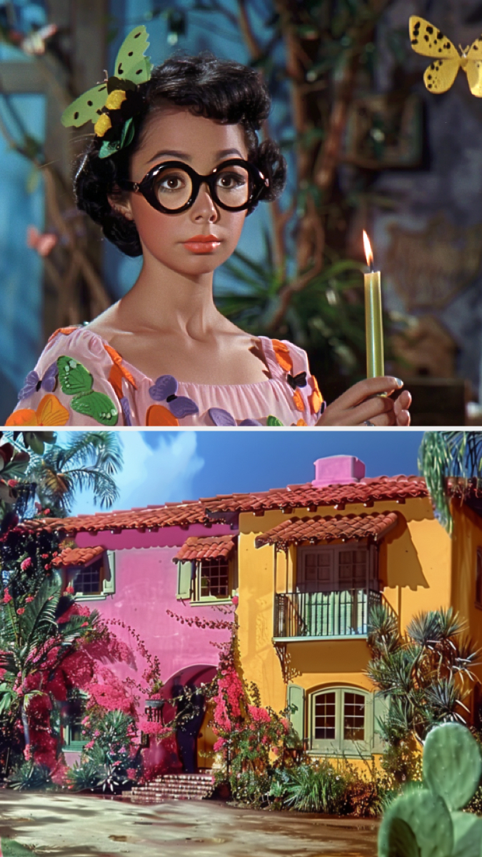 Character with glasses holding a candle. Bottom: Colorful house with flowers